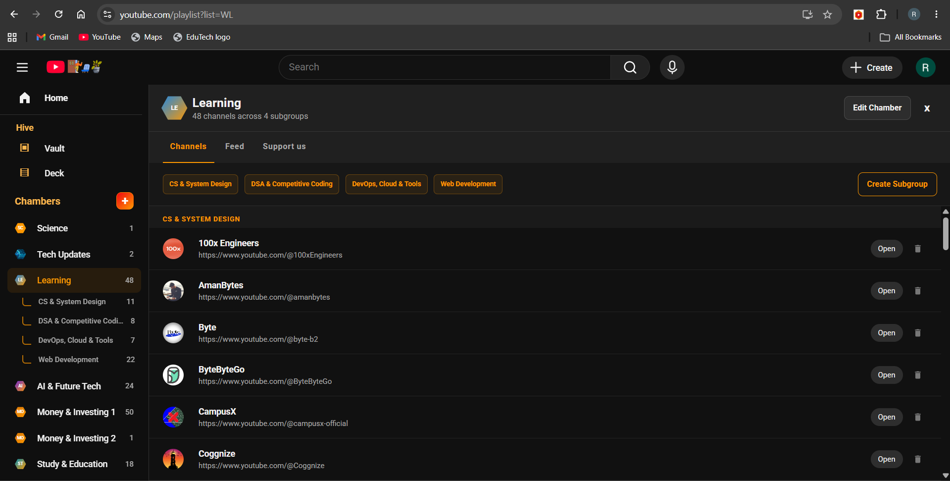 TubeHive Chambers interface